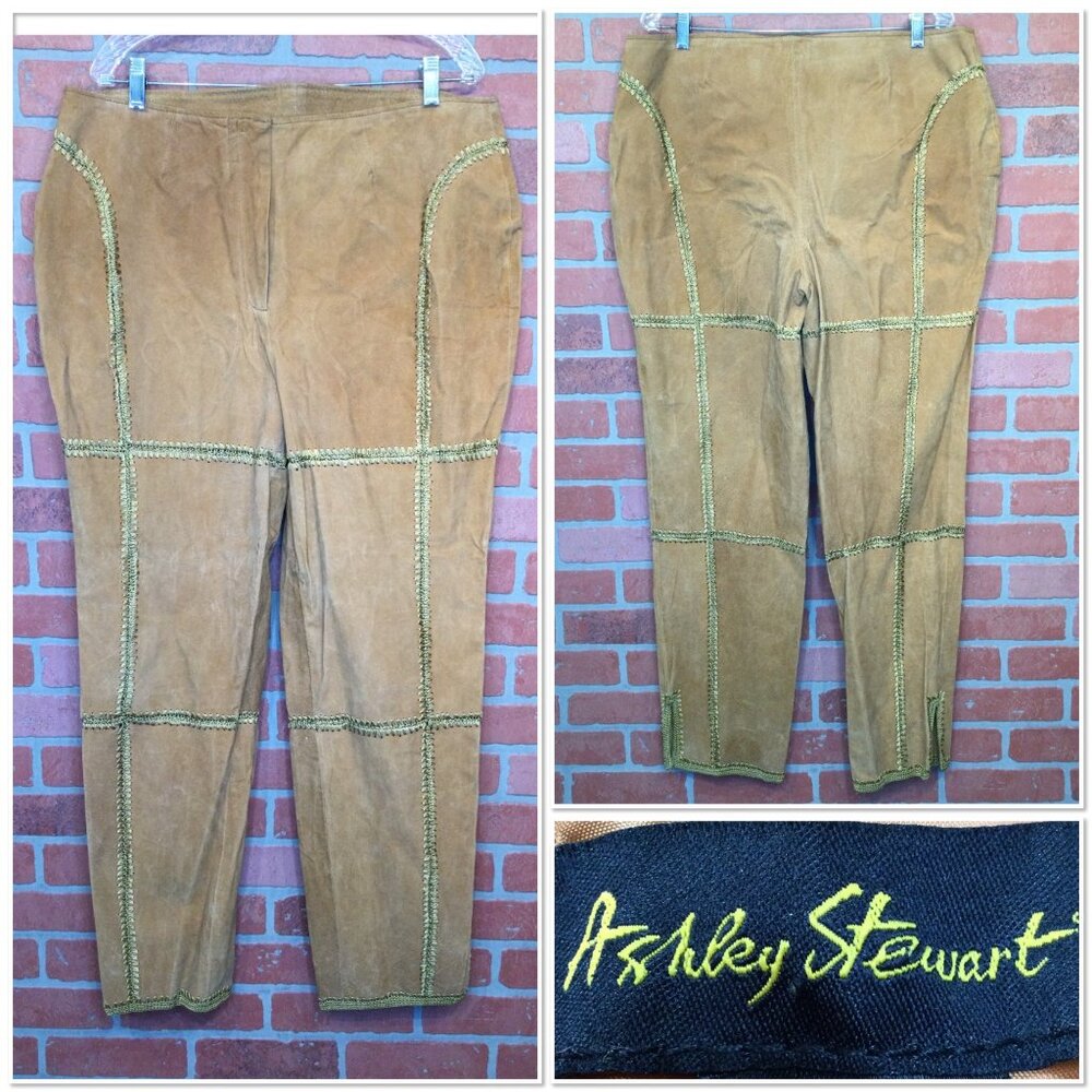 Ashley Stewart Womens Suede Leather Pants Gold Stitching Patchwork Look Size 16